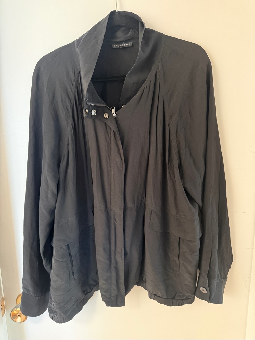 Eileen Fisher 100% Silk Black Bomber Utility Jacket XL Oversized